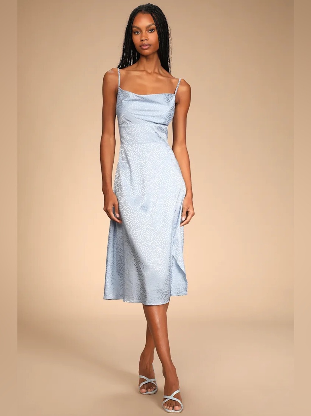 Lulus Light Blue Jacquard Animal Print Cowl Neck Midi Dress Small